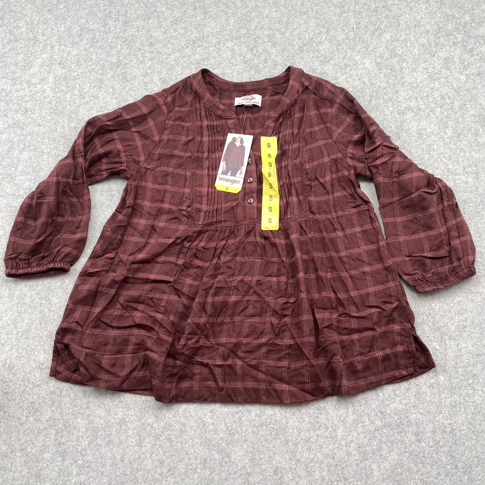 Wrangler Blouse Womens Small Red Plaid Henley 3/4 Balloon Sleeve Tunic Top
